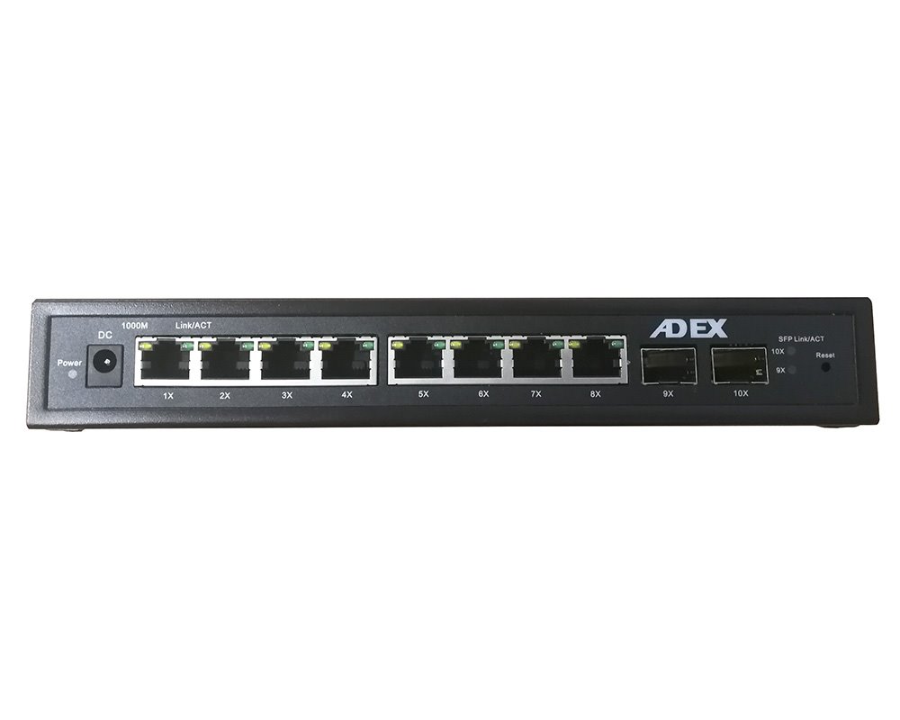 ADEX AD1000-8GPD-2FM reversní poe managed switch, 8x Gbit port, 2x SFP, metal